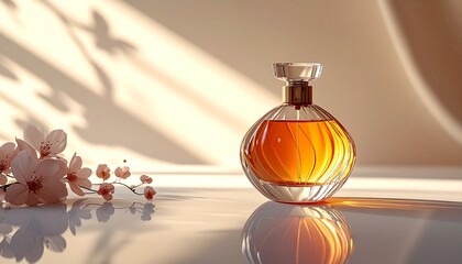 Elegant Perfume Bottle with Floral Accents and Soft Lighting.