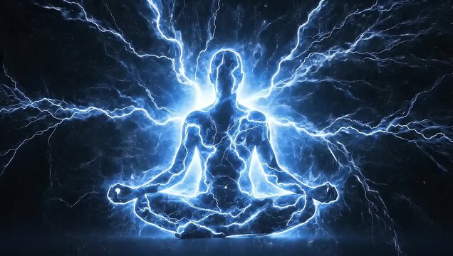 Human figure meditating radiating blue electrical energy in a dark abstract environment