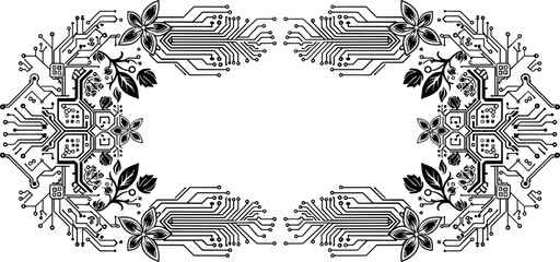 Floral circuit pattern design with vibrant green colors on black background