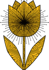 Abstract digital flower design with circuit patterns in yellow
