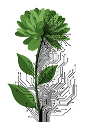 Flower with digital circuit design representing nature and technology fusion
