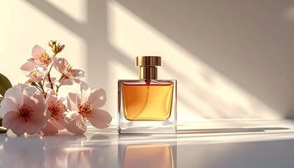 Elegant Perfume Bottle with Floral Accents in Soft Sunlight.