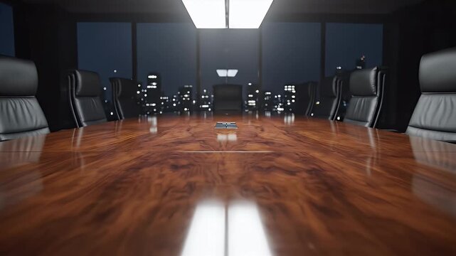 A polished conference table with chairs, overlooking a cityscape at night