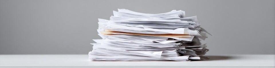 Large stack of papers on desk against gray background