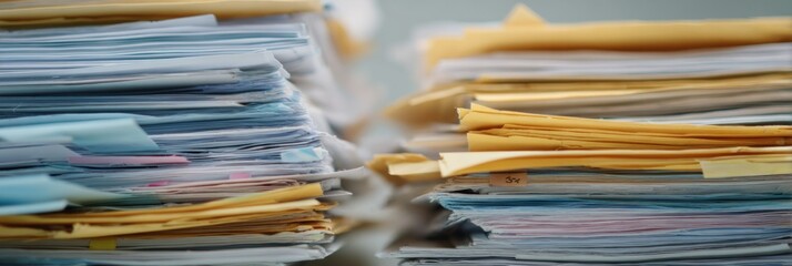 Stacks of paper files and documents organized in folders