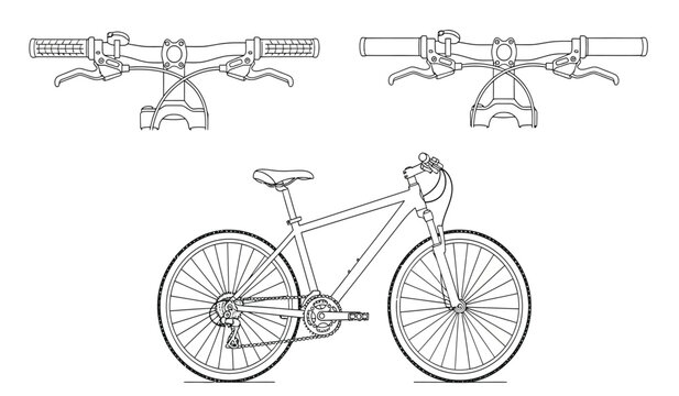 Detailed technical drawing of a bicycle with top view of handlebars and pedals