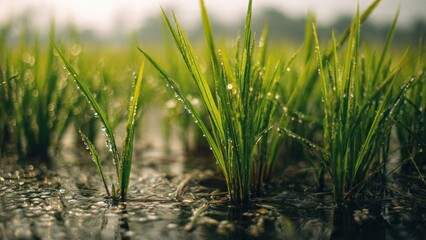 Obraz premium Rice paddy field with water and green sprouts