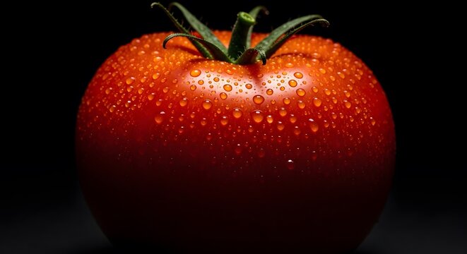 A fresh, vibrant red tomato rests elegantly against a dark, minimalist black background