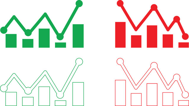 Set of green and red bar charts with line graphs representing financial data and trends
