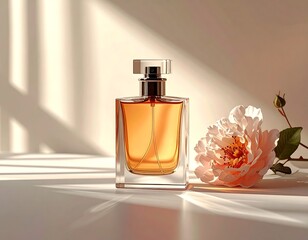 Elegant Perfume Bottle with Rose and Sunlight.
