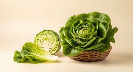 Obraz premium Fresh, organic green romaine lettuce, whole and cut, in a woven basket and on a cream backdrop