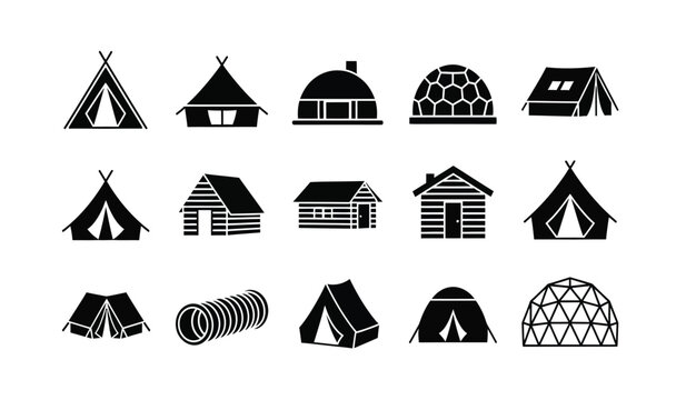 Collection of various tent and house silhouettes for camping and travel illustrations