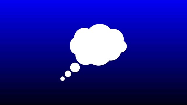 White thought bubble icon with three trailing dots on a blue gradient background, minimal concept illustration for ideas, thinking, brainstorming, message or speech placeholder.