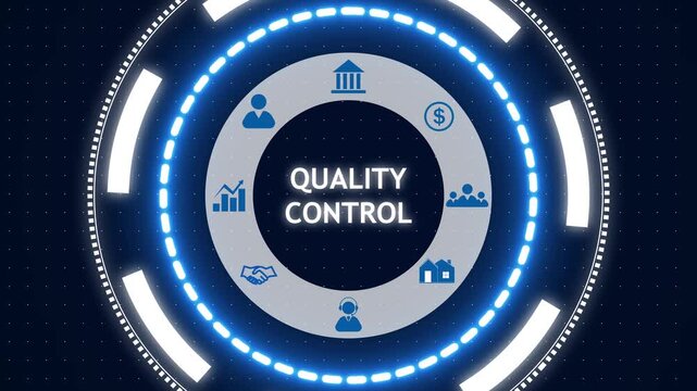 Futuristic blue circular infographic with glowing rings surrounding a gray ring labeled "quality control" and small business icons, on dark dotted background