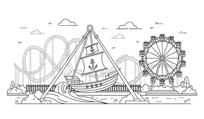 Black and white illustration of an amusement park with a rollercoaster, a sailing ship, and a ferris wheel © Lsg 21