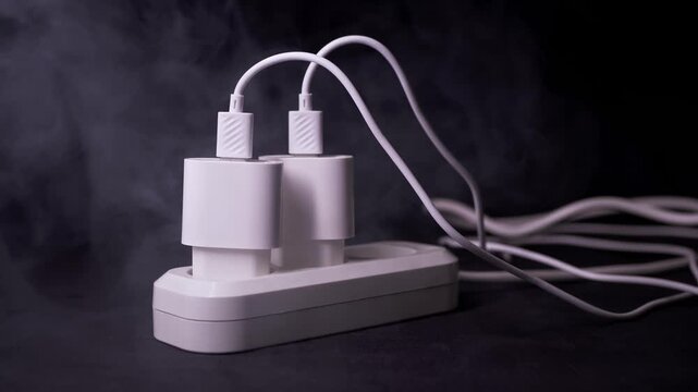 Close-up of two white USB chargers plugged into a power strip emitting thick white smoke against a dark background. Concept of electrical safety, short circuit danger, and household fire risk