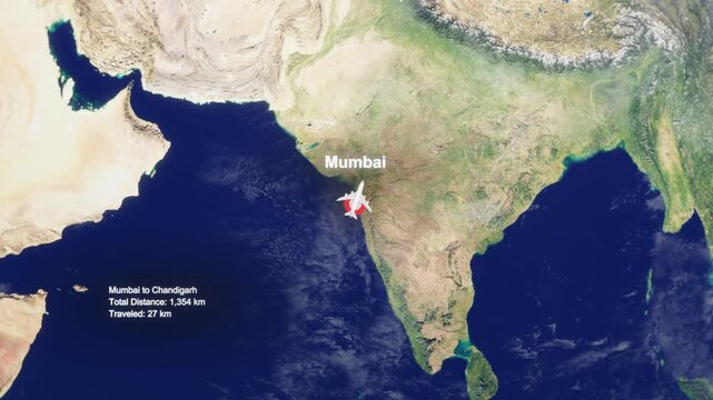 3D Earth Flight Route Mumbai To Chandigarh With Dotted Path And HUD Data
