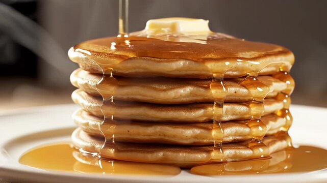 A stack of fluffy pancakes, drizzled with syrup and topped with butter, on a white plate
