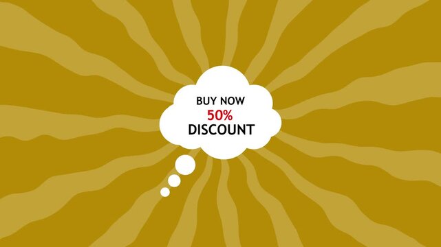 Abstract promo background with radial sunburst pattern and thought bubble reading "buy now 50% discount" on yellow and beige backdrop.