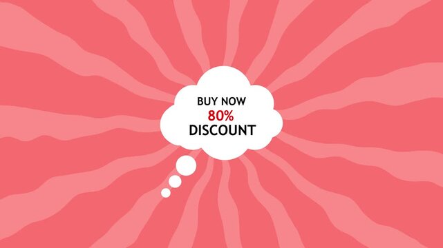 Pink abstract radial burst background with white thought bubble containing sale message "buy now 80% discount"; minimal promotional banner design.