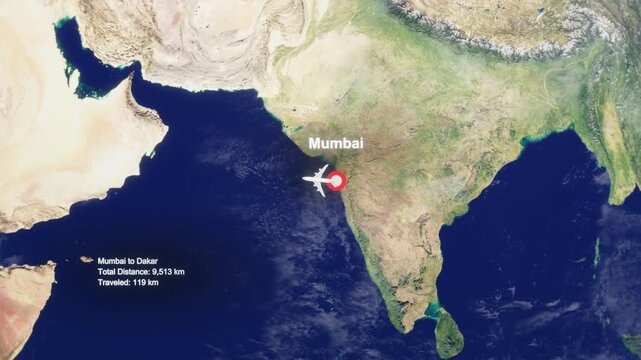 3D Earth Flight Route Mumbai To Dakar With Dotted Path And HUD Data