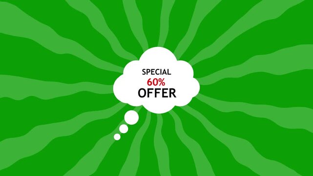 Green abstract radial burst background with white thought bubble and text special 60% offer, promotional sale banner design.