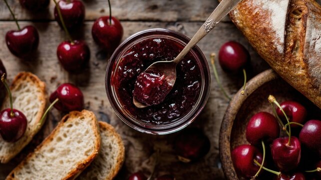 A jar of cherry jam sits on a wooden table with a spoon in it. Slices of bread are next to the jar. Fresh cherries are spread around the scene creating a simple food display.