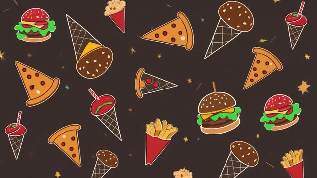 Cartoon Style Pattern of Fast Food Items Including Burgers Pizza Ice Cream and Fries illustration
