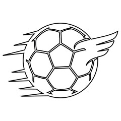 Obraz premium Flying soccer ball with wings and motion lines, vector outline silhouette of a sports ball, illustration isolated on transparent background