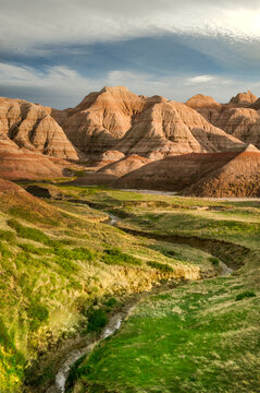 Creek Leads to Peaks in Badlands, South Dakota USA