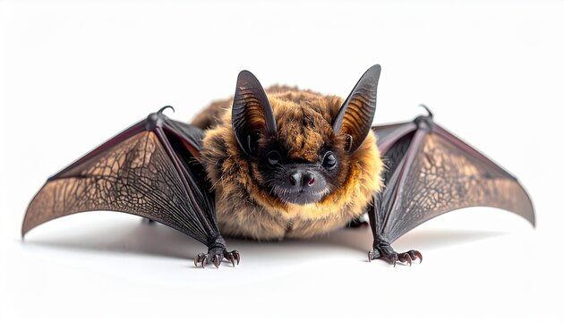 A detailed studio portrait of a small brown bat with large ears and spread wings, looking directly at the camera. This nocturnal mammal is isolated on a clean white background, showcasing its fur.