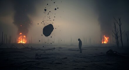 Fototapeta premium Person standing in dark landscape with fire.