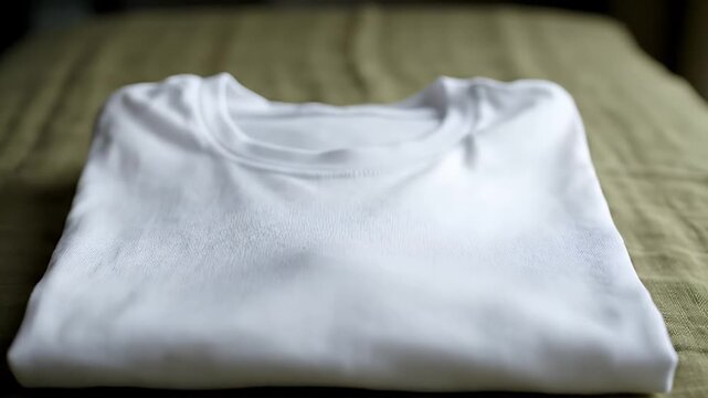 A neatly folded white crew neck t-shirt on a soft green surface