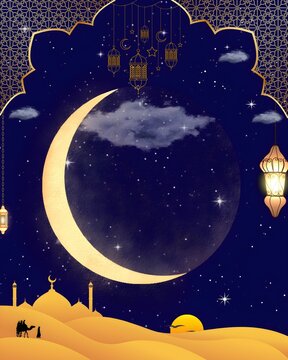 Luxury Islamic festival illustration featuring a golden crescent moon Islamic patterns on a Premium dark blue background.