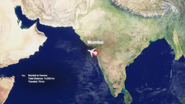 3D Earth Flight Route Mumbai To Havana With Dotted Path And HUD Data