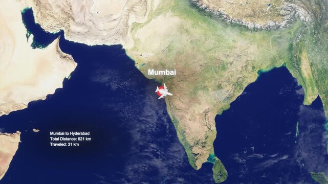 3D Earth Flight Route Mumbai To Hyderabad With Dotted Path And HUD Data