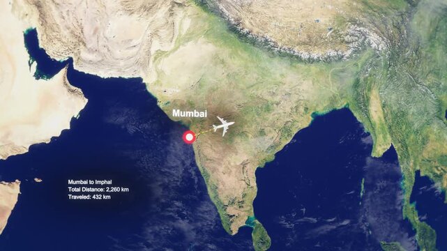 3D Earth Flight Route Mumbai To Imphal With Dotted Path And HUD Data