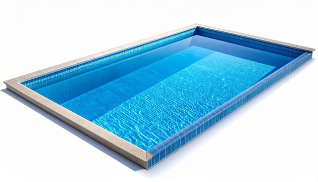 Rectangular swimming pool with clear sparkling blue water, tile details, and a stone coping edge. This modern design element for backyard leisure and recreation is isolated on a white background.
