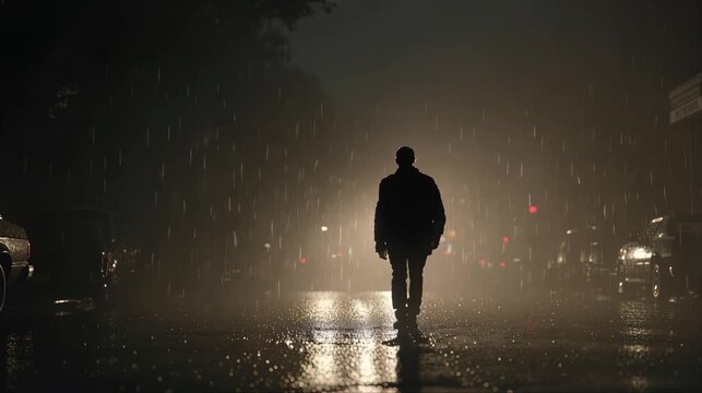 Silhouette of man walking alone on rain soaked street at night with reflections and distant lights creating tense urban atmosphere.