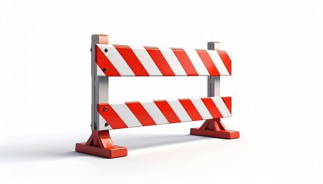 Red and white striped construction barrier or traffic barricade used for road safety, roadblocks, and warning signs. 3D rendered illustration of an obstacle isolated on a white background.