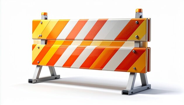 Road construction barrier with orange and white reflective stripes and warning lights. Traffic safety equipment for detours and restricted access, isolated on a clean white background illustration.