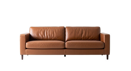 Fototapeta premium A modern, leather, caramel-colored sofa with two cushions, placed against a black background