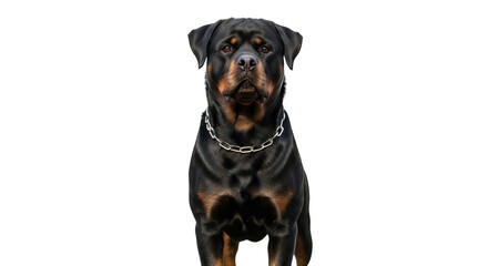 Fototapeta premium A powerful Rottweiler dog in a frontal portrait, with a shiny chain collar