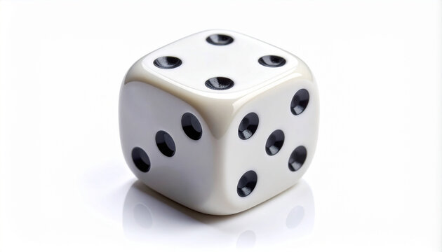 A single white six-sided die with black pips showing the numbers three, four, and five, isolated on a clean white background with a subtle reflection. Concept of chance, luck, and gaming.