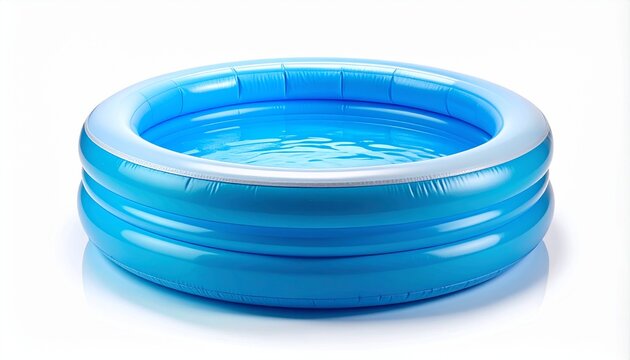 Blue inflatable children's swimming pool, a round kiddie or paddling pool filled with clear water for summer fun and outdoor backyard activities, isolated on a clean white background studio shot.