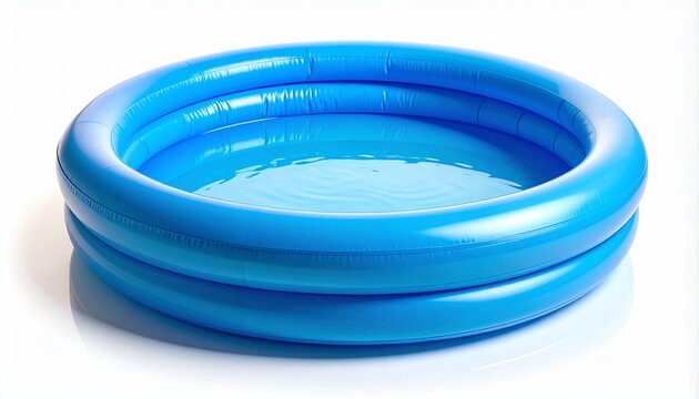Blue inflatable round children's swimming pool filled with clear water for summer fun and outdoor activities. Kiddie plastic blow-up pool for backyard play, isolated on a clean white background.
