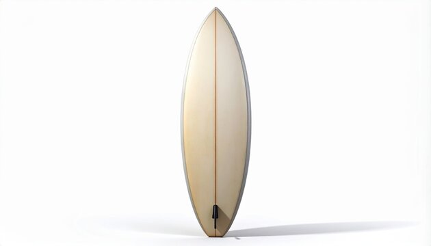 A vintage-style single-fin surfboard standing upright, showcasing its classic shape and design. Minimalist shot of surfing equipment is perfect for summer and lifestyle concepts, isolated on white bg.