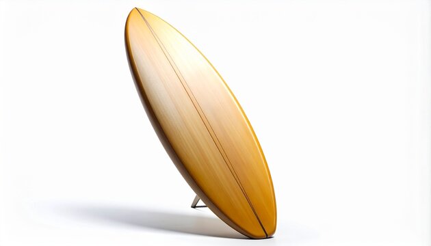 Classic wooden longboard surfboard with a natural finish and stringer detail, standing vertically on a minimalist stand. Isolated studio shot on a clean white background with soft shadow. 3D render.
