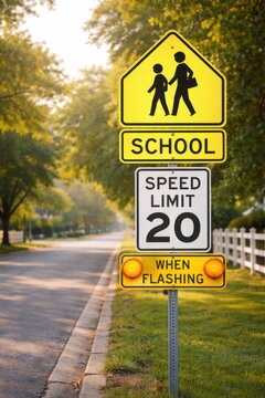 Yellow school zone sign indicating speed limit of 20 miles per hour with pedestrian symbols and flashing lights beside a tree-lined road in a suburban area