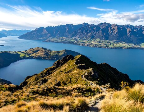 Mountain peak view. Lake below, rugged mountains in background, blue sky, clouds